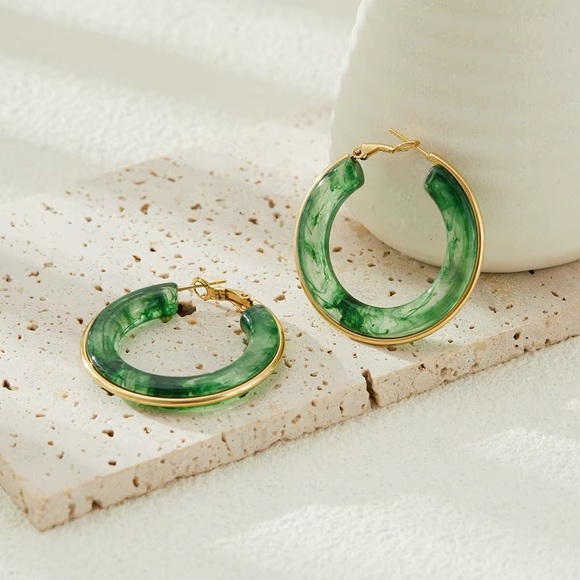Marble Accented 18k Gold-Plated Stainless Steel Hoop Earrings - Picture 7 of 7